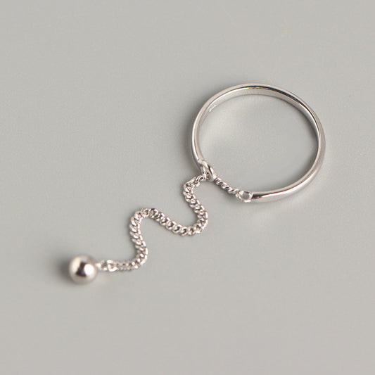 Anillo de cadena de cuentas redondas de plata de ley 925 minimalista con borla para mujer