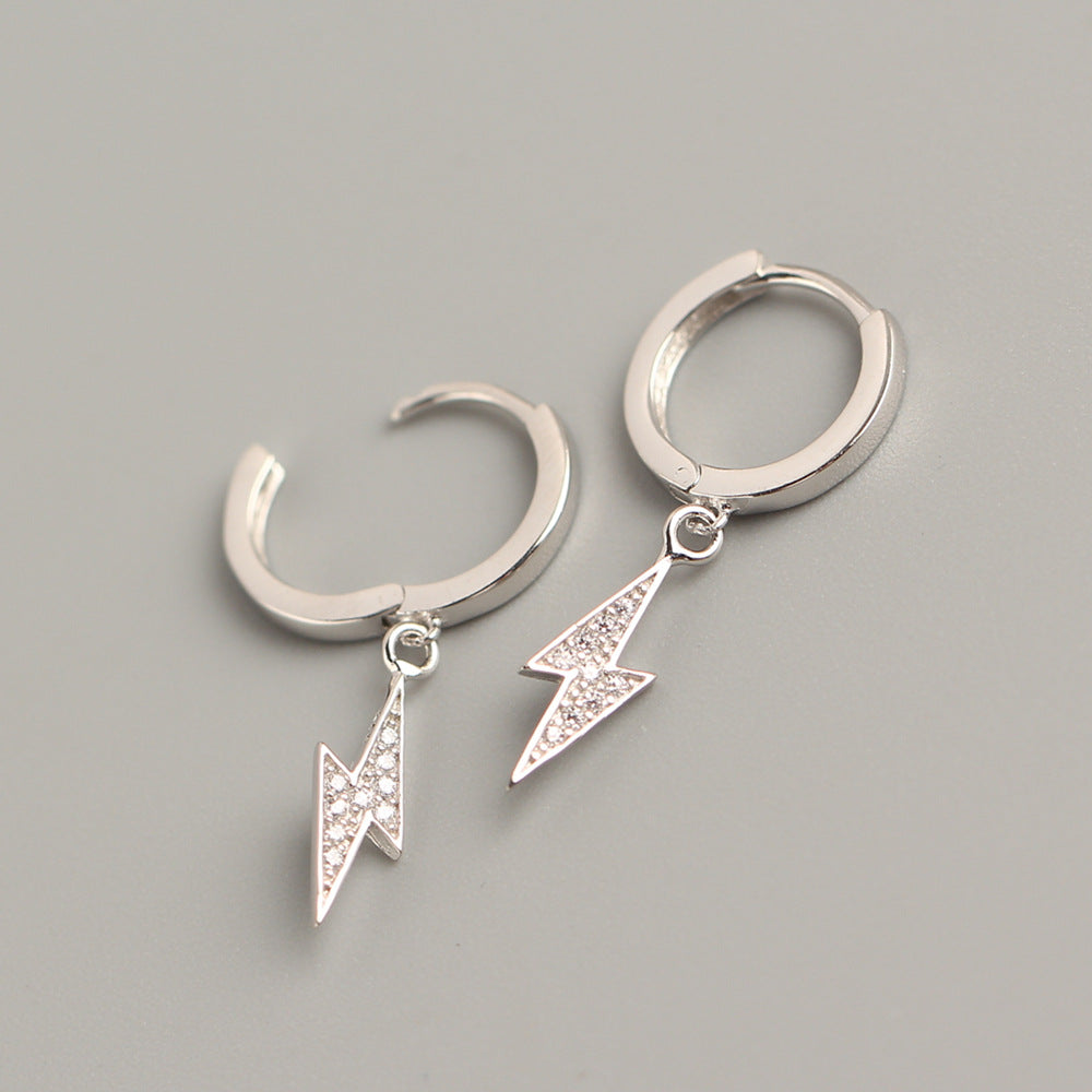 Pendientes de aro de plata de ley 925 con relámpago, incrustaciones de diamantes de imitación para mujer, estilo urbano