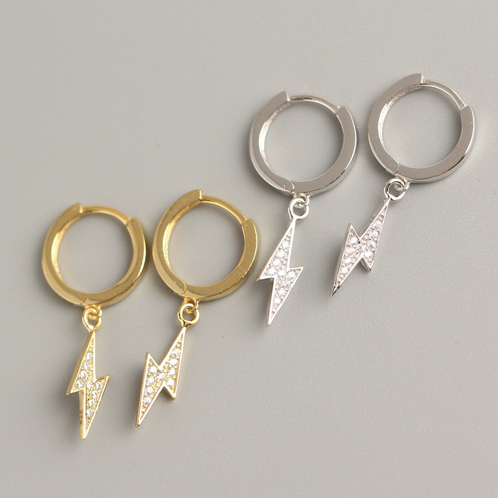 Pendientes de aro de plata de ley 925 con relámpago, incrustaciones de diamantes de imitación para mujer, estilo urbano