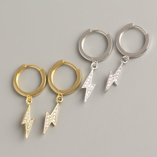 Orecchini a Cerchio Streetwear con Fulmine in Argento Sterling 925 e Intarsio di Strass da Donna