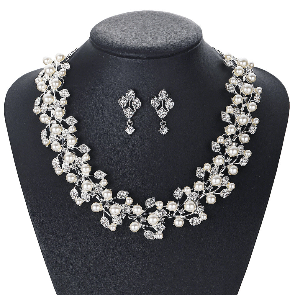 Floral Pearl Necklace Earrings Bracelet Set for Women Alloy Rhinestone Wedding Jewelry