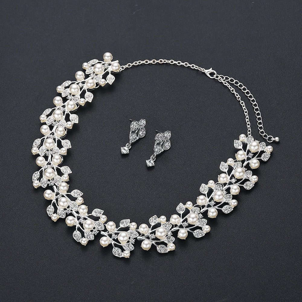 Floral Pearl Necklace Earrings Bracelet Set for Women Alloy Rhinestone Wedding Jewelry