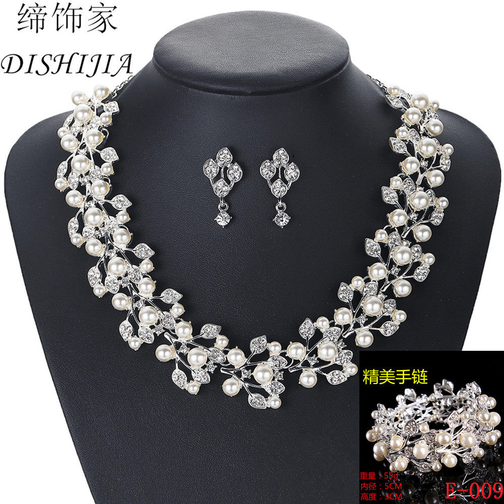 Floral Pearl Necklace Earrings Bracelet Set for Women Alloy Rhinestone Wedding Jewelry