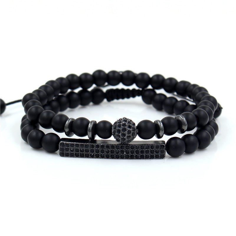 Geometric Black Matte Agate Beaded Rhinestone Bracelet Set Alloy Hand Chain