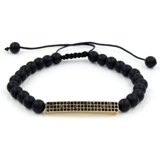 Geometric Black Matte Agate Beaded Rhinestone Bracelet Set Alloy Hand Chain