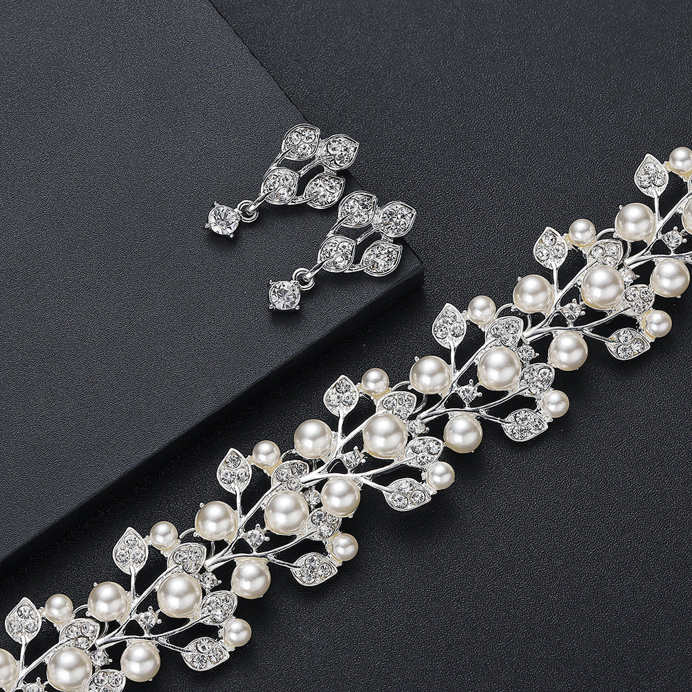 Floral Pearl Necklace Earrings Bracelet Set for Women Alloy Rhinestone Wedding Jewelry