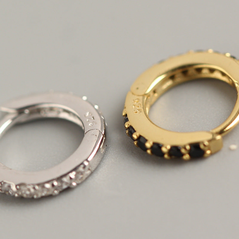 Streetwear Luxury Round 925 Sterling Silver Inlaid Rhinestone Hoop Earrings Geometric Design Unisex
