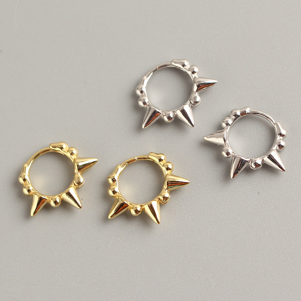 Punk Streetwear 925 Sterling Silver Round Polished Studded Hoop Earrings