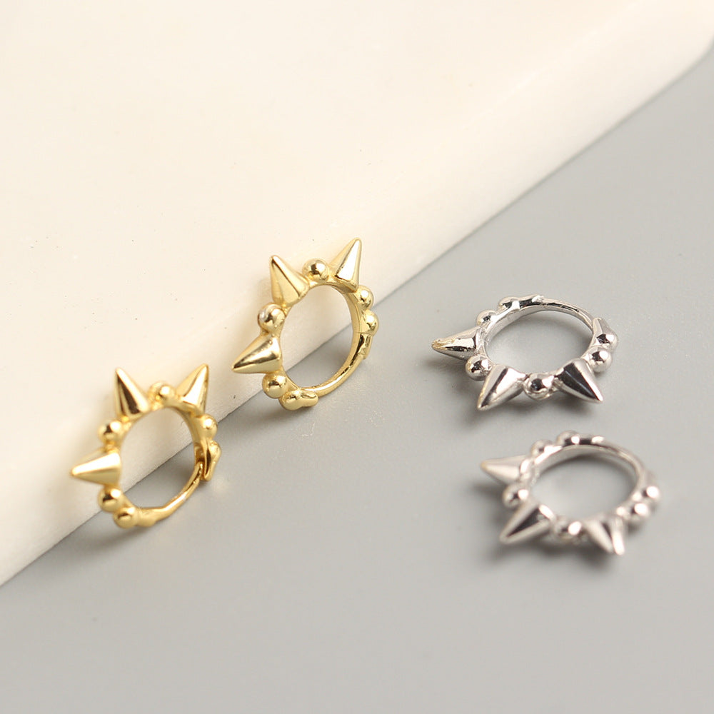 Punk Streetwear 925 Sterling Silver Round Polished Studded Hoop Earrings