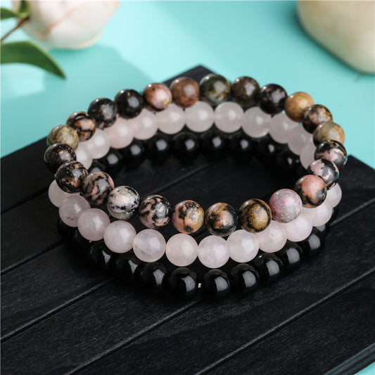 Braccialetto Elastico con Perline di Quarzo Rosa e Agata Nera Stile Bohemien Unisex, con Motivo Geometrico, per Yoga e Preghiera