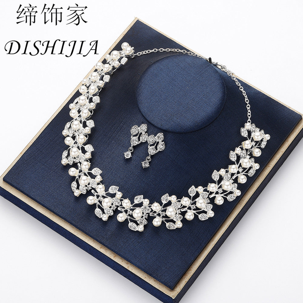 Floral Pearl Necklace Earrings Bracelet Set for Women Alloy Rhinestone Wedding Jewelry