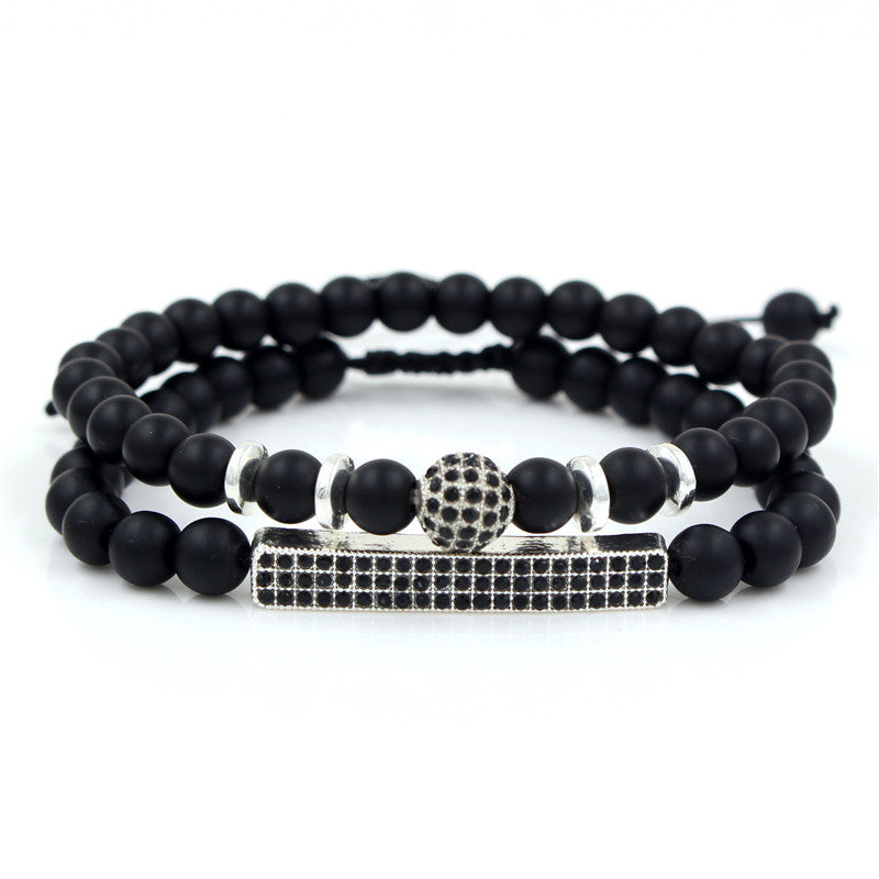 Geometric Black Matte Agate Beaded Rhinestone Bracelet Set Alloy Hand Chain
