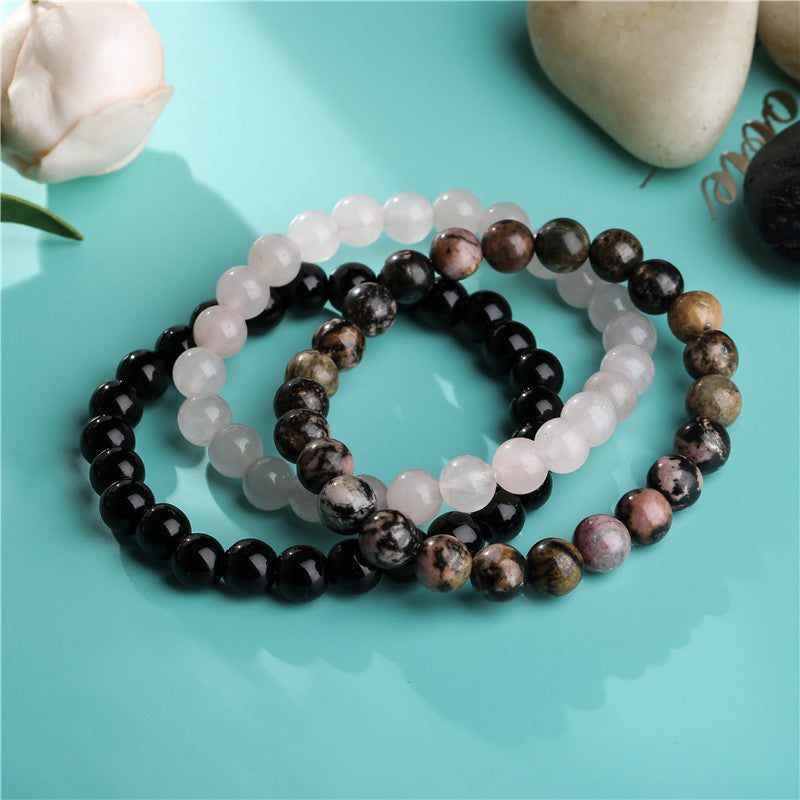 Bohemian Style Rose Quartz and Black Agate Beaded Stretch Bracelet Unisex Geometric Yoga Prayer Beads