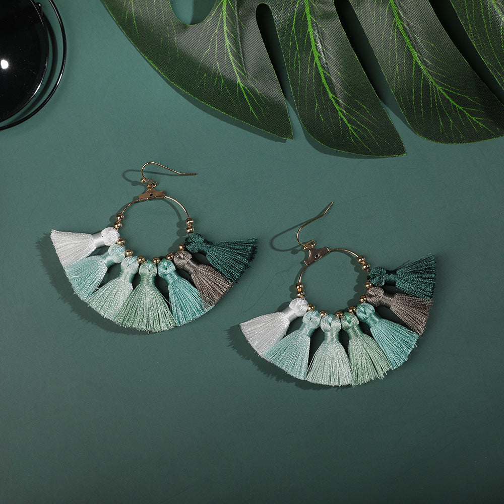 Bohemian Ethnic Geometric Alloy Handmade Woven Tassel Fan Earrings Unisex