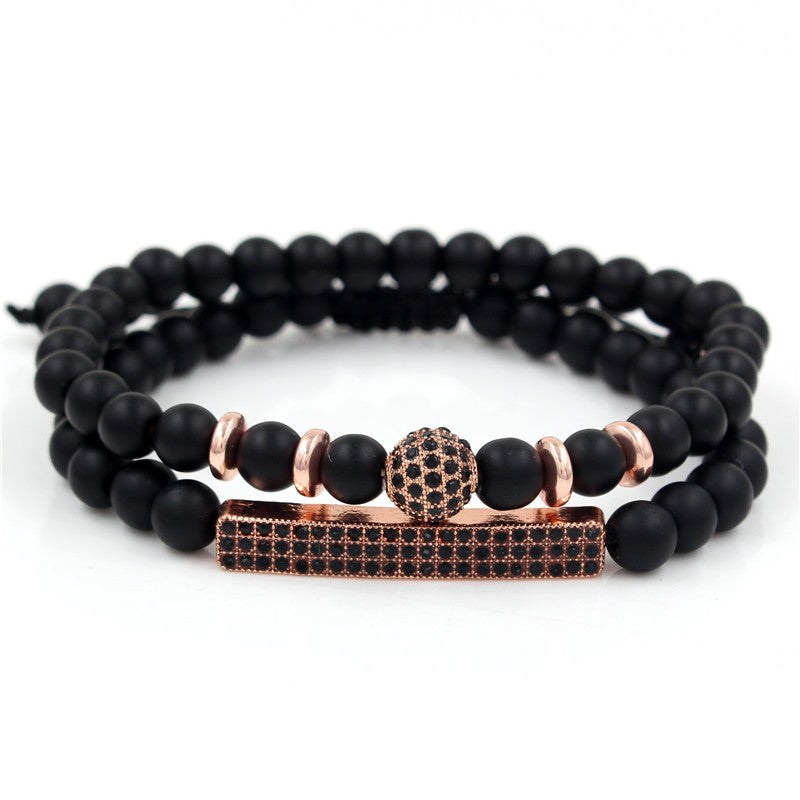 Geometric Black Matte Agate Beaded Rhinestone Bracelet Set Alloy Hand Chain