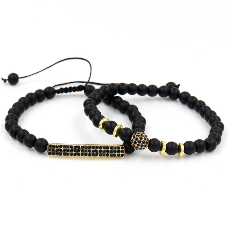 Geometric Black Matte Agate Beaded Rhinestone Bracelet Set Alloy Hand Chain