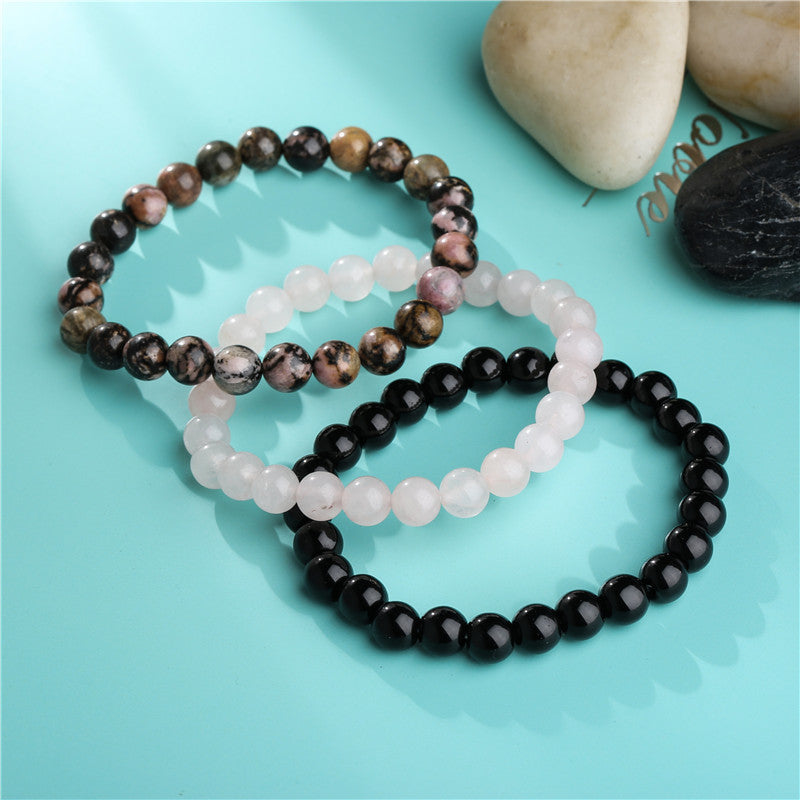 Bohemian Style Rose Quartz and Black Agate Beaded Stretch Bracelet Unisex Geometric Yoga Prayer Beads