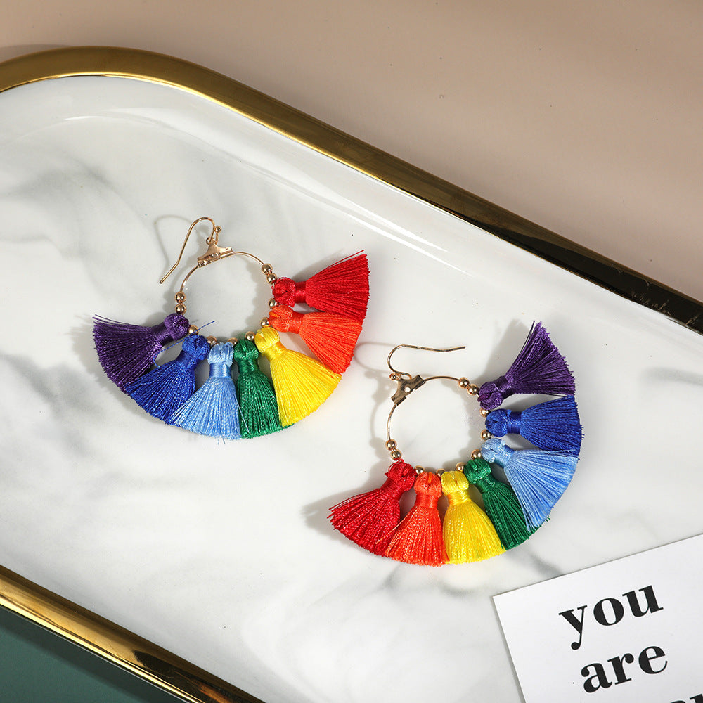 Bohemian Ethnic Geometric Alloy Handmade Woven Tassel Fan Earrings Unisex