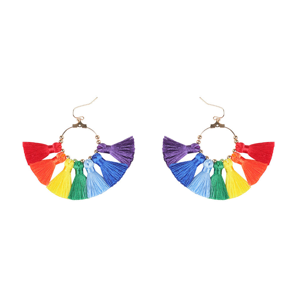 Bohemian Ethnic Geometric Alloy Handmade Woven Tassel Fan Earrings Unisex