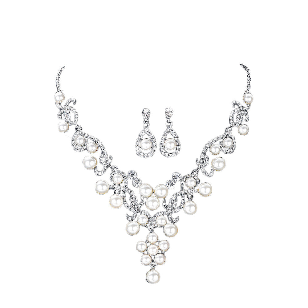 Individualistic Waterdrop-Shaped Pearl Necklace and Earrings Set for Women with Rhinestone Pendant, Plated Finish, O-Chain, Party Wear