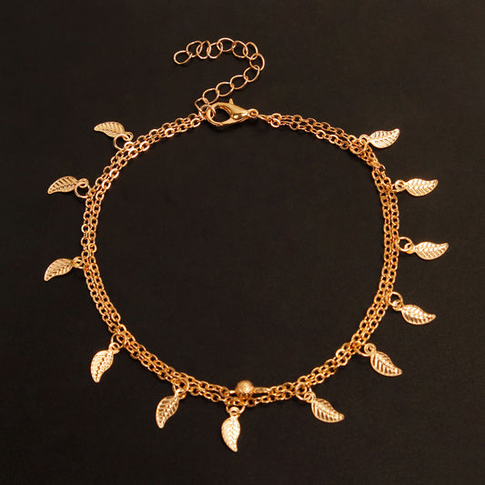Minimalist Double Layer Anklet with Leaf Charm and Tassel Detail for Women Western Style Foot Jewelry