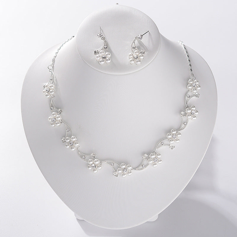 Sweet Minimalist Pearl Inlay Alloy Necklace and Earring Set with Singapore Chain for Women
