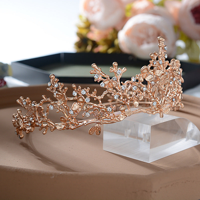 Vintage Alloy Crown Headband with Floral and Checkered Pattern Rhinestone Inlay for Women