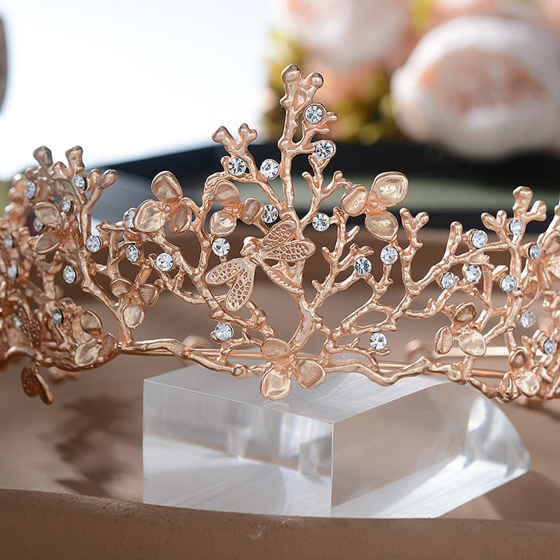 Vintage Alloy Crown Headband with Floral and Checkered Pattern Rhinestone Inlay for Women