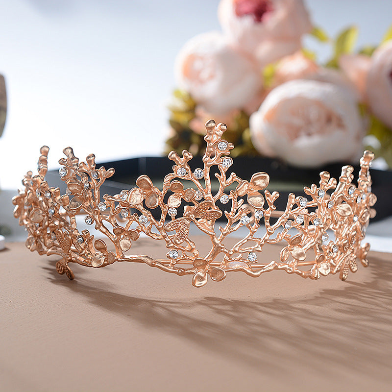 Vintage Alloy Crown Headband with Floral and Checkered Pattern Rhinestone Inlay for Women