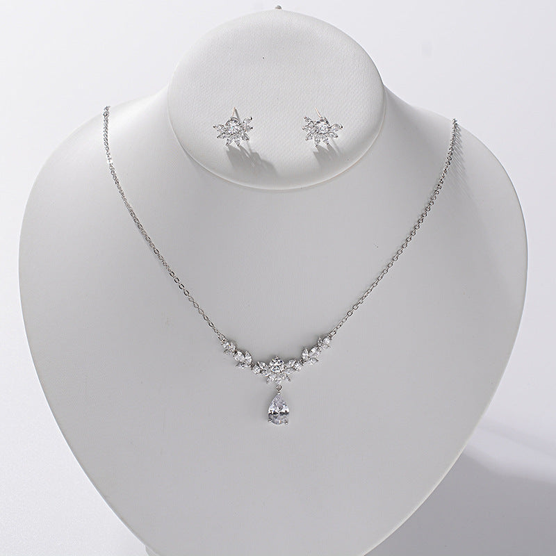 Minimalist Teardrop Cubic Zirconia Inlaid Crystal Pendant Necklace and Earrings Set with Cable Chain for Women