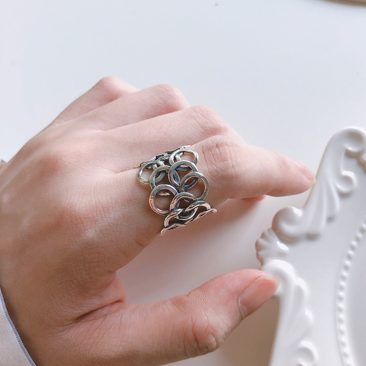 Anello da donna minimalista vintage in argento sterling 925, rotondo geometrico, a fascia larga
