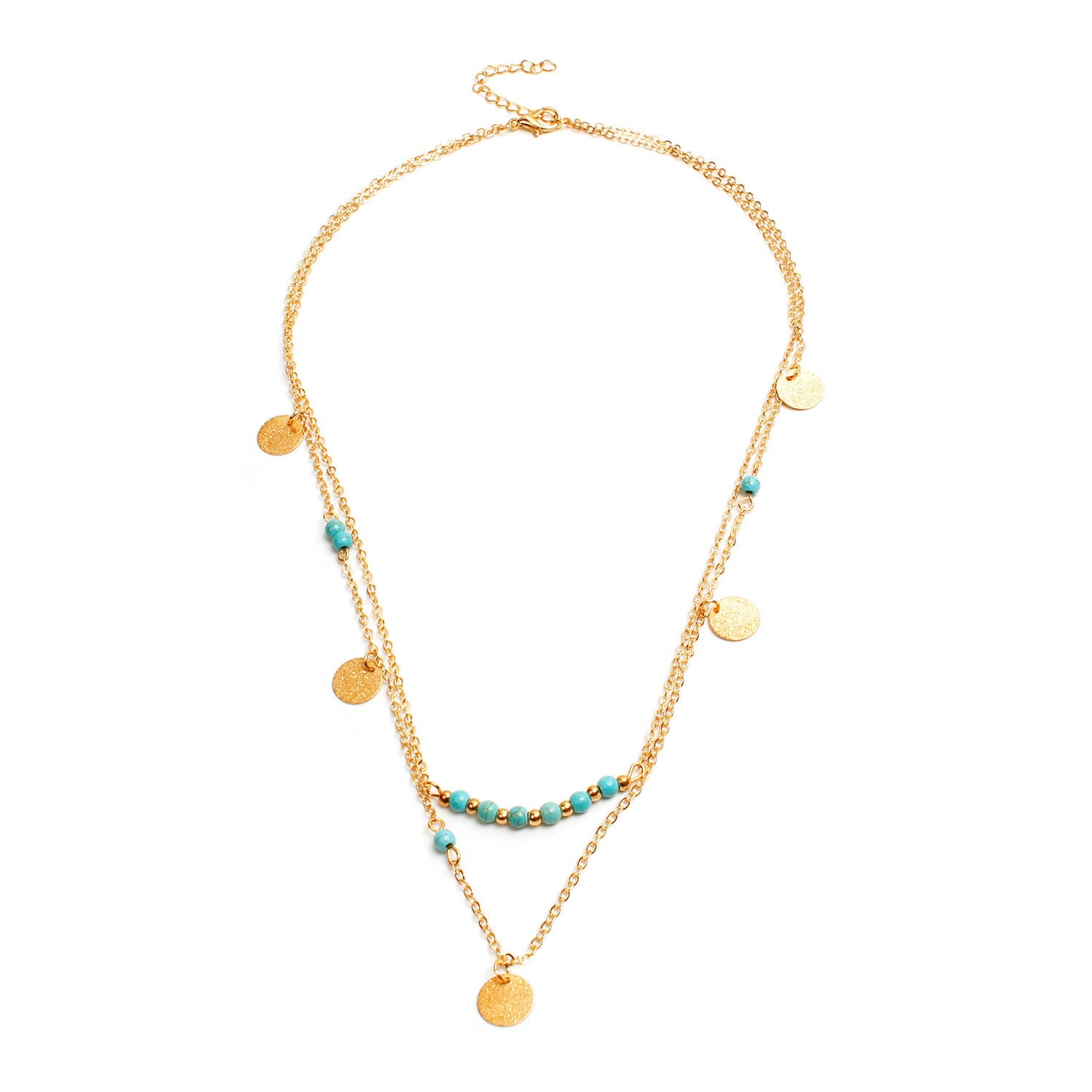 Multi-Layer Round Disc Necklace with Turquoise Pendant for Women Cross Chain Alloy Jewelry
