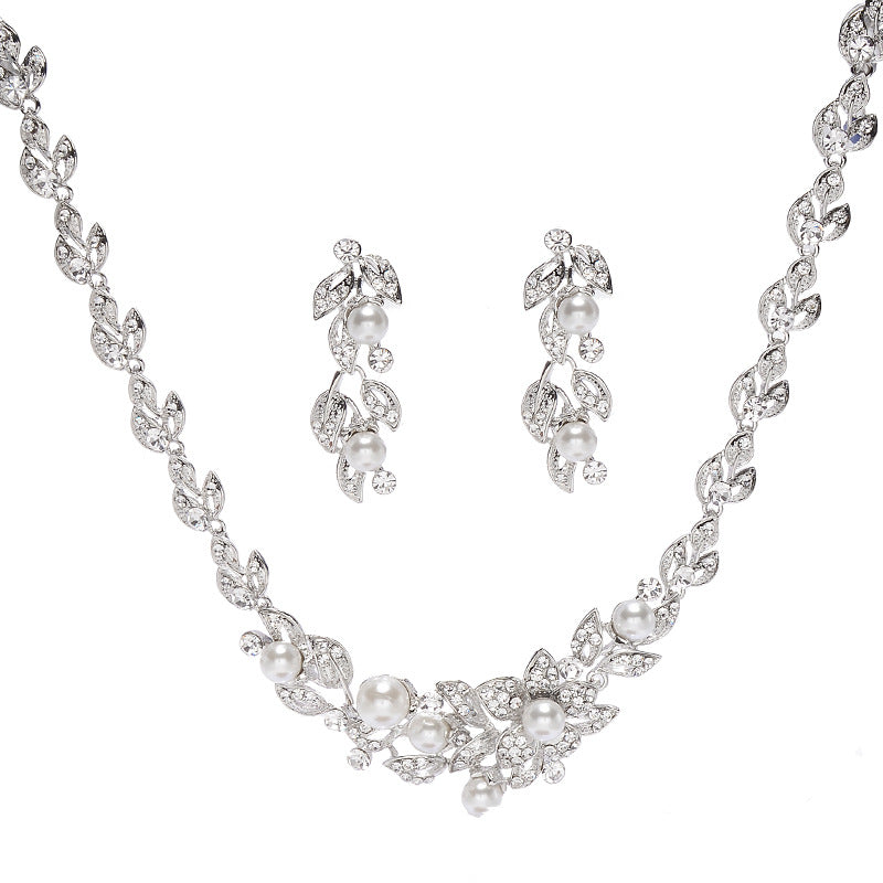 Sweet Floral Leaf Rhinestone Pearl Inlaid Alloy Necklace and Earring Set for Women