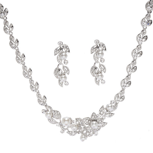 Parure di collana e orecchini in lega con perle e strass, motivo floreale e foglia, da donna