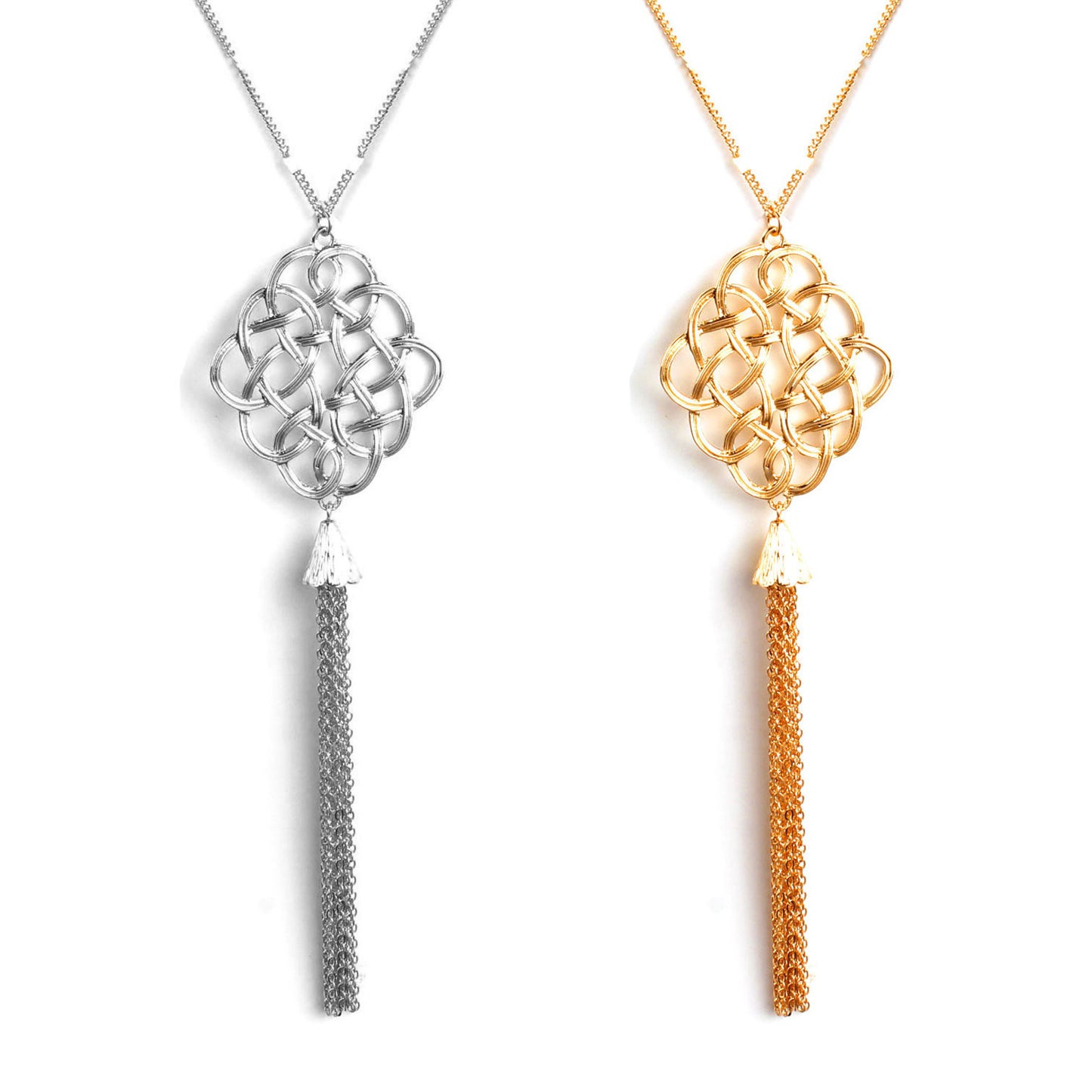 Bohemian Long Celtic Knot Pendant Necklace for Women Alloy Geometric Cross Chain Sweater Necklace