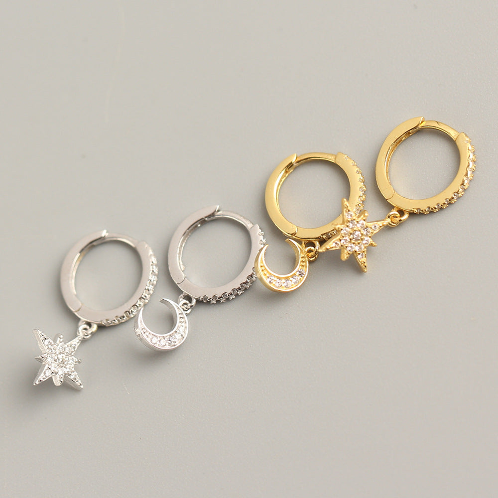 Eleganti orecchini a cerchio asimmetrici a stella e luna in argento sterling 925 con intarsio di strass da donna