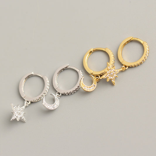 Elegant 925 Sterling Silver Star Moon Asymmetric Hoop Earrings with Rhinestone Inlay for Women