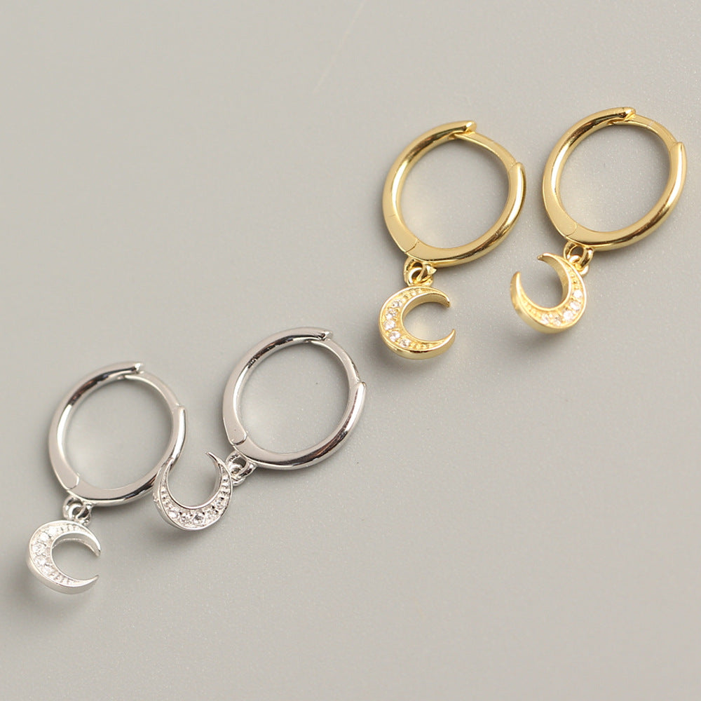 Orecchini a Cerchio da Donna con Strass Intarsiati Geometrici a Luna, in Argento Sterling 925, Minimalisti e Delicati