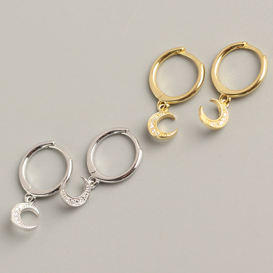 Orecchini a Cerchio da Donna con Strass Intarsiati Geometrici a Luna, in Argento Sterling 925, Minimalisti e Delicati