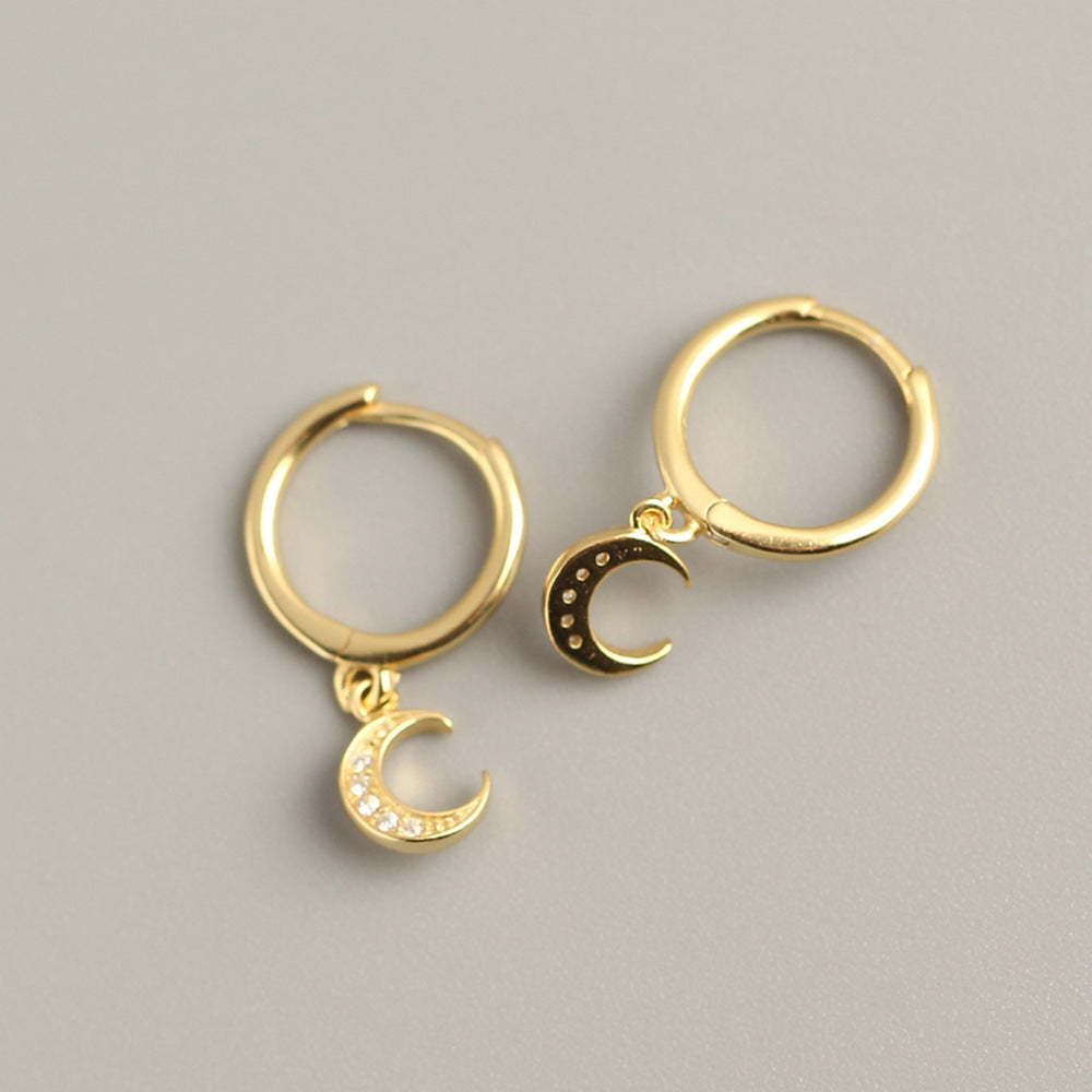 Orecchini a Cerchio da Donna con Strass Intarsiati Geometrici a Luna, in Argento Sterling 925, Minimalisti e Delicati