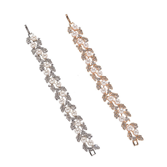 Sweet Floral Rhinestone Pearl Plated Alloy Bracelet for Women Wedding Party