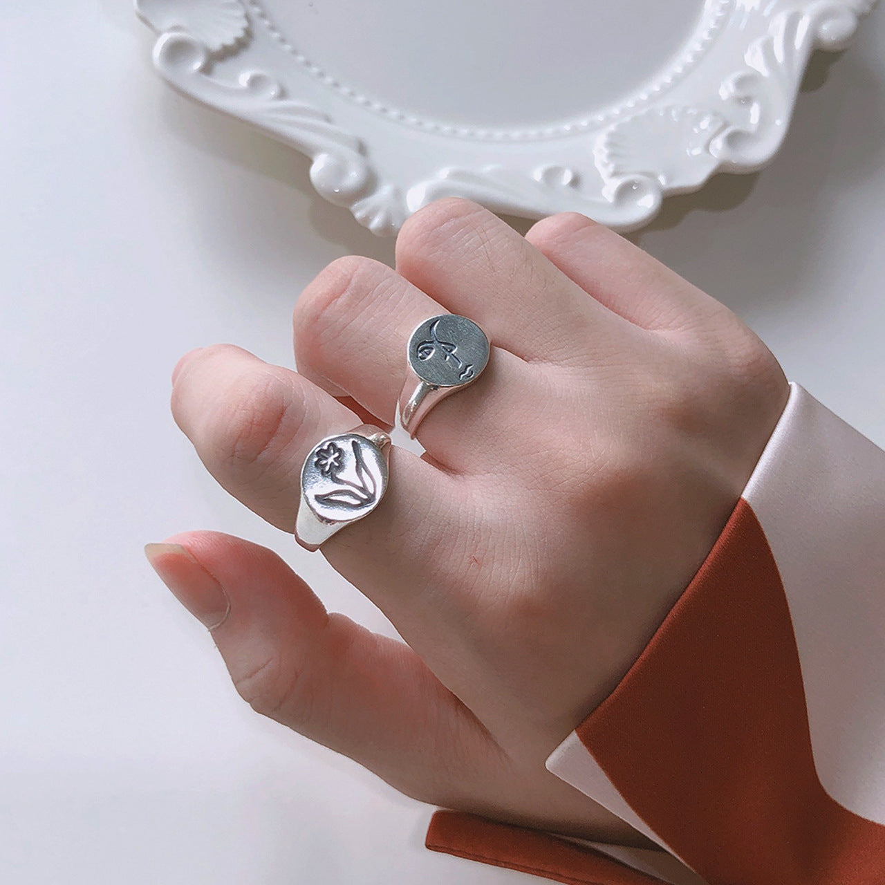 Minimalist Sweet 925 Sterling Silver Carved Floral Rose Wheat Ring for Women