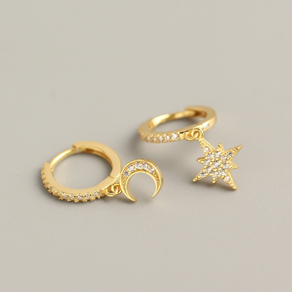 Eleganti orecchini a cerchio asimmetrici a stella e luna in argento sterling 925 con intarsio di strass da donna