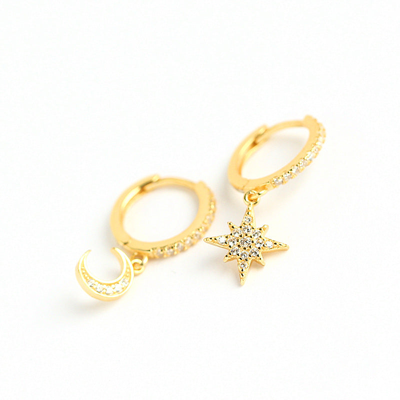 Eleganti orecchini a cerchio asimmetrici a stella e luna in argento sterling 925 con intarsio di strass da donna