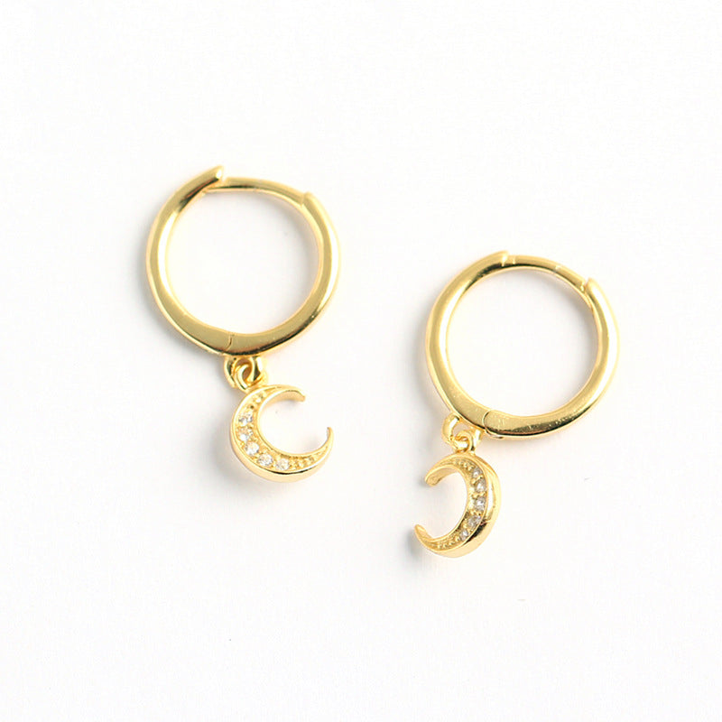 Orecchini a Cerchio da Donna con Strass Intarsiati Geometrici a Luna, in Argento Sterling 925, Minimalisti e Delicati