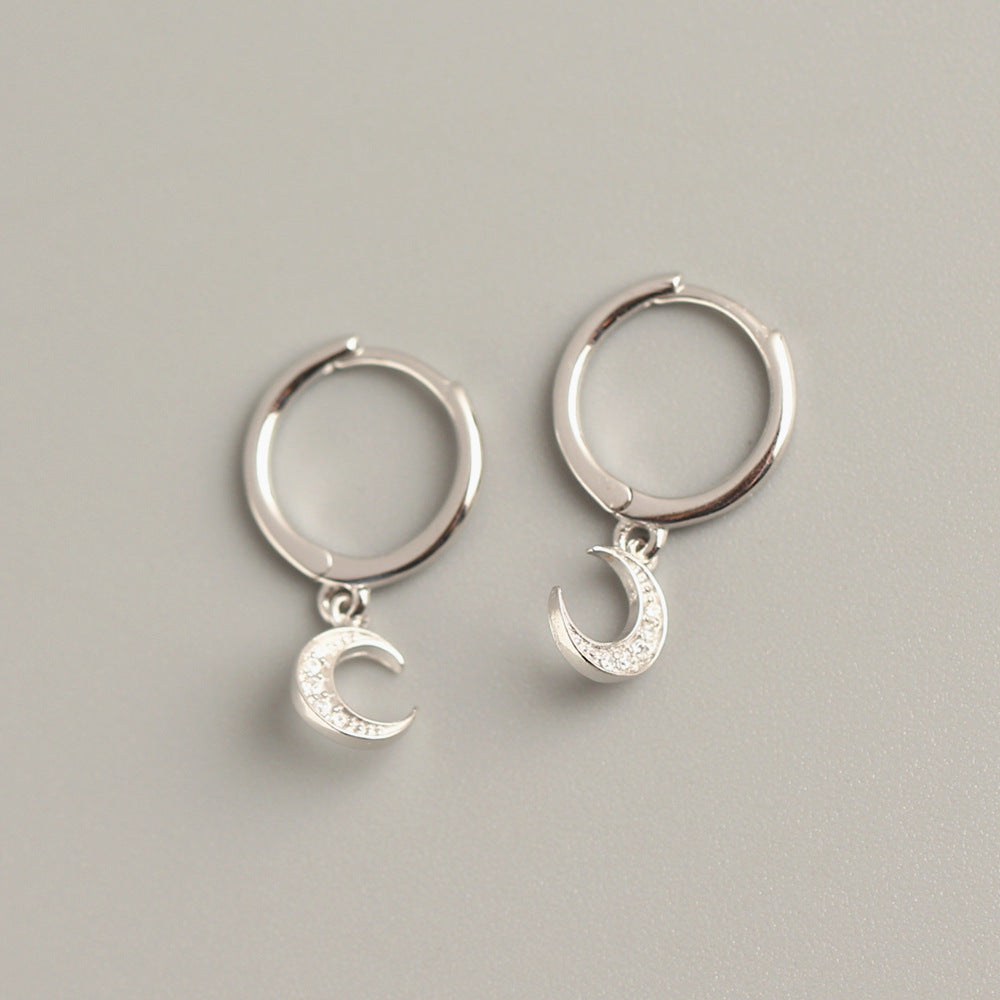 Orecchini a Cerchio da Donna con Strass Intarsiati Geometrici a Luna, in Argento Sterling 925, Minimalisti e Delicati