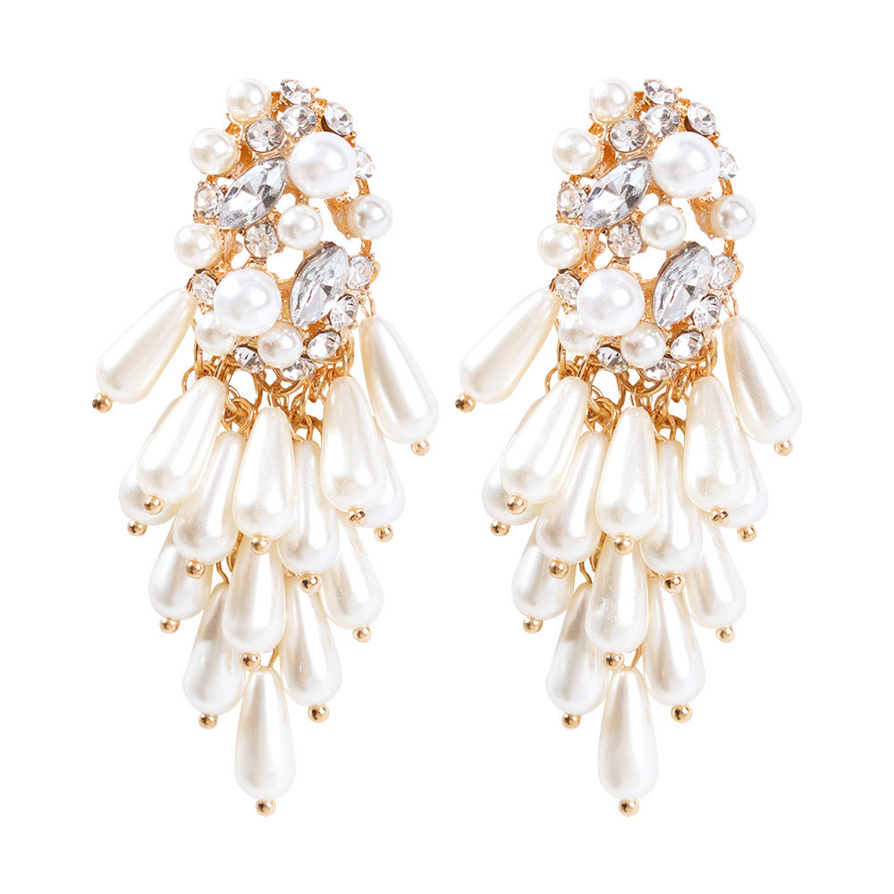 Aretes de Perlas con Pedrería Geométrica Bañados Elegantes para Mujer