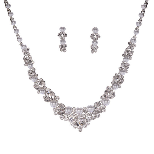 Sweet Elegant Floral Rhinestone Inlay Alloy Necklace and Earring Set with Singapore Chain for Wedding Birthday
