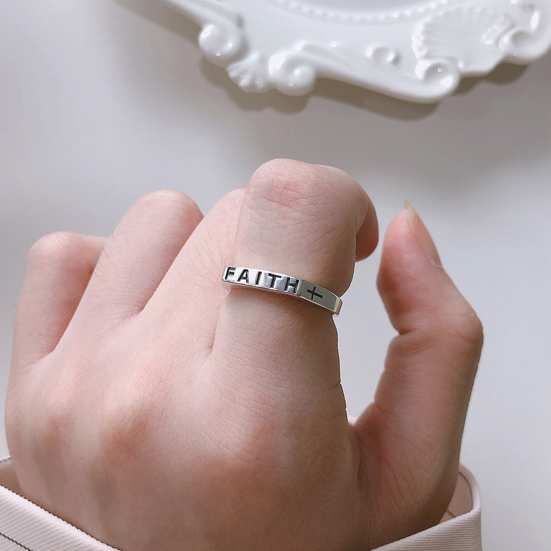 Minimalist 925 Sterling Silver Square Cross Inlay Ring for Women