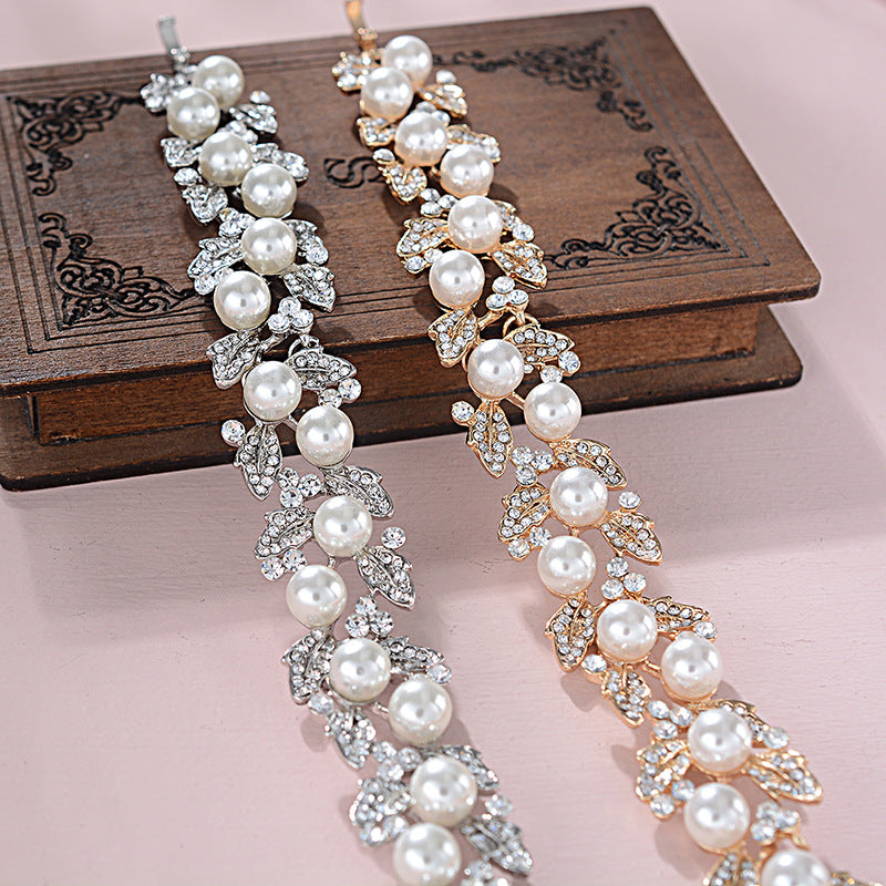 Pulsera de aleación chapada con perlas y diamantes de imitación florales dulces para mujer, fiesta de boda